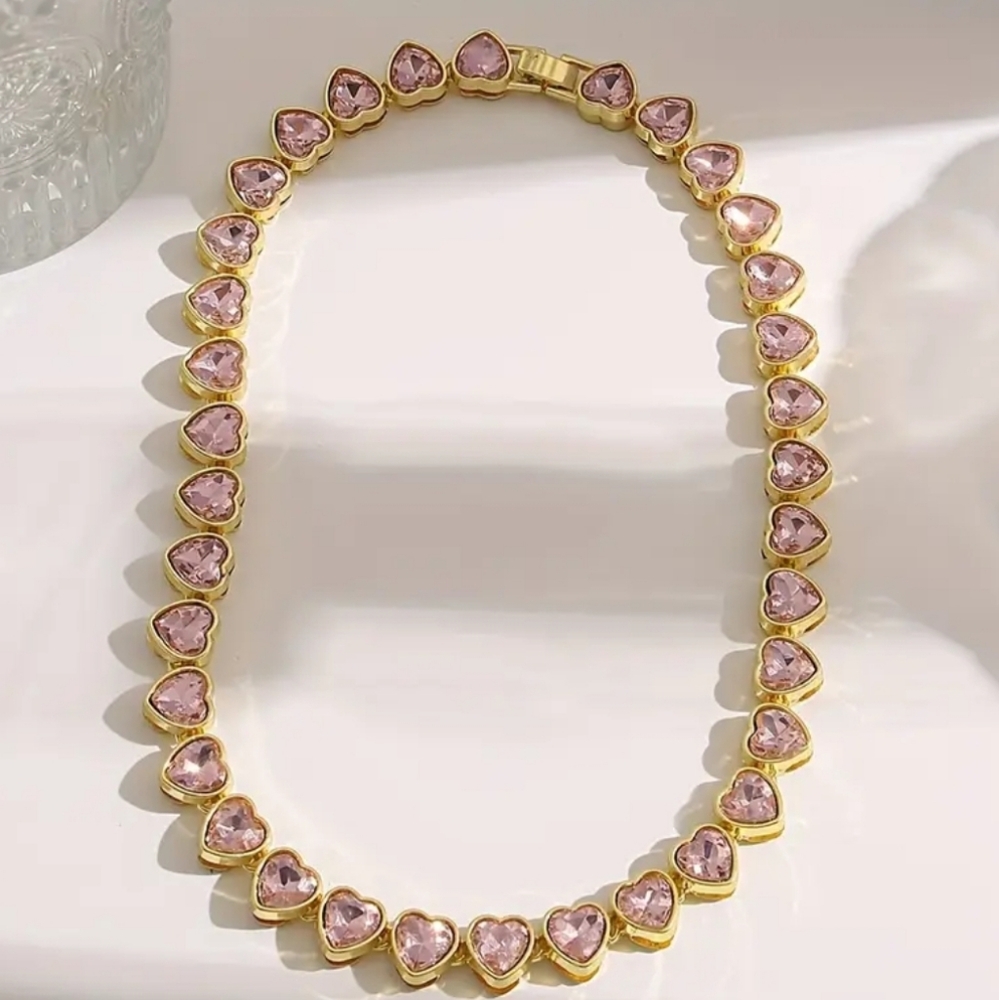 Trendy And Elegant 18K Gold Plated Heart Tennis Necklace